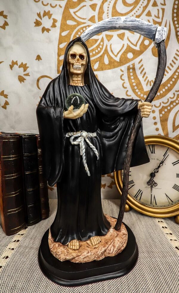 Ebros Gift 12.75" Tall Holy Death Santa Muerte Holding Scythe in Black Tunic Robe Statue Day of The Dead Decorative Figurine Symbol of Protection from The Evil Eye - Image 5