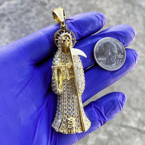 HOMIEBUDS XGATML Nuestra Señora De La Santa Muerte Pendant Holy Death Iced Micro Pave Bling 24K Gold Finish Charm 3.5" inch - Image 2