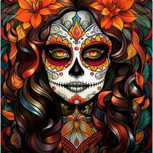 Santa Muerte Diamond Painting Sugar Skull Girl Artwork Fashion Halloween Makeup Wall Art 5D DIY Full Drill Crystal Pictures Autumn Floral Diamond Art for Adult Bedroom Home Decor(16''Wx 12''H)