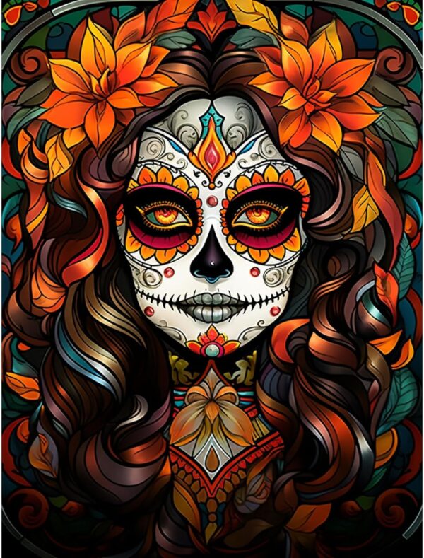 Santa Muerte Diamond Painting Sugar Skull Girl Artwork Fashion Halloween Makeup Wall Art 5D DIY Full Drill Crystal Pictures Autumn Floral Diamond Art for Adult Bedroom Home Decor(16''Wx 12''H)