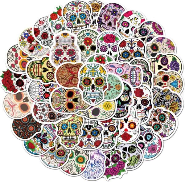 Tuqiso 50 Pieces Skull Stickers Halloween Sugar Skull Decals Dia de Los Muertos Mexican Day of Dead Sticker for Laptop Water Bottle Luggage Bike Computer - Image 3