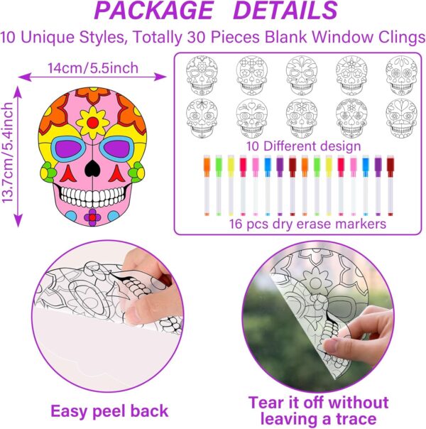 Qyeahkj 30 Set Day of The Dead Arts Crafts for Kids Skull Suncatchers Craft Kit Dia De Los Muertos DIY Coloring Craft Window Cling Sticker with Markers Party Gift for Home Classroom Decor for Kids - Image 2