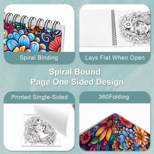 Sugar Skull Women Coloring Book for Adult Spiral Bound, Adult Coloring Book for Women Relaxation, Thick Paper 24 Pages One Sided Design, Mindfulness Easter Gifts for Adults - Image 2