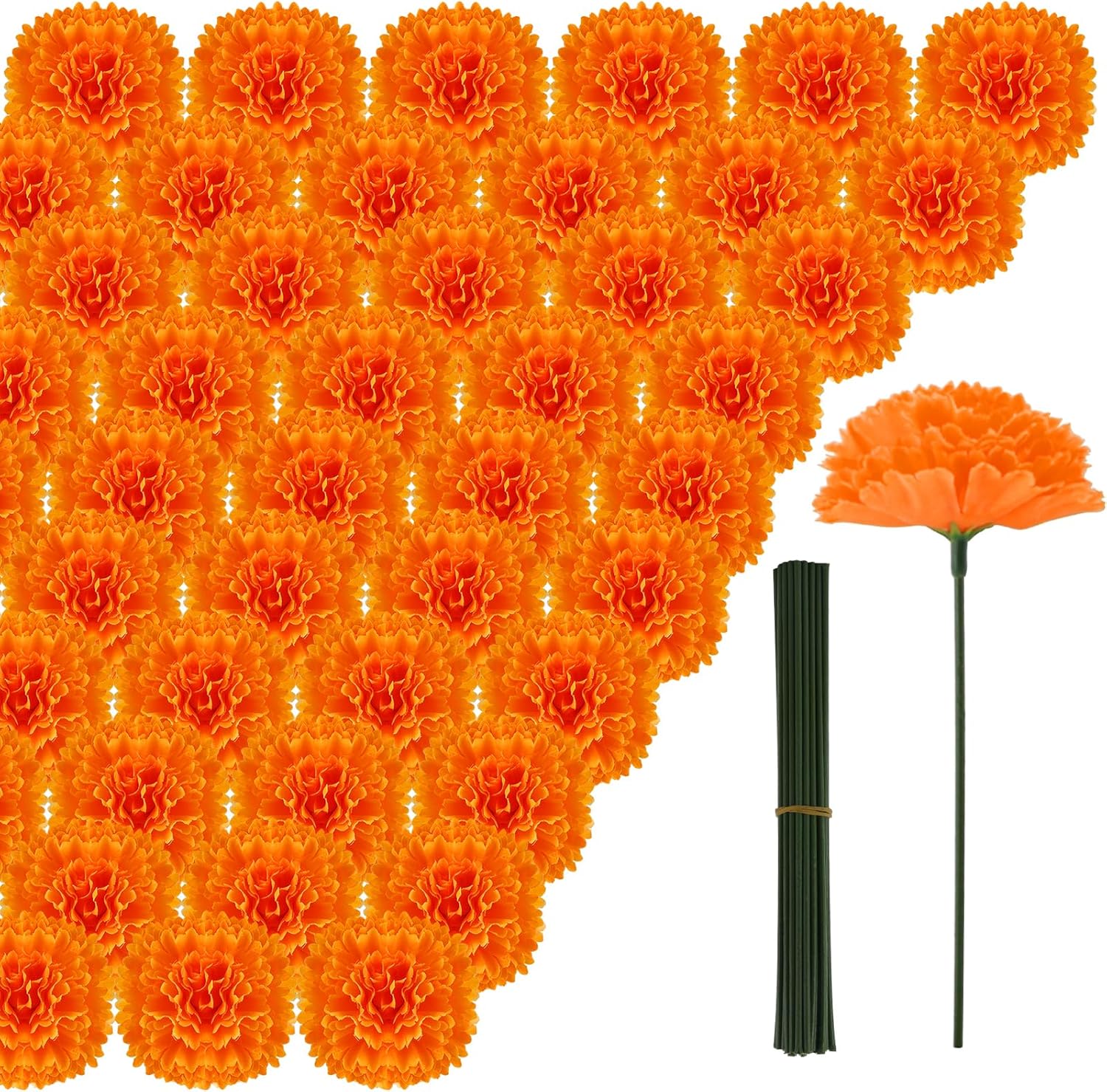 Hananona 50Pcs Artificial Marigold Flower Heads, Silk Marigold Heads Bulk Fake Flowers for Dia De Los Muertos Decor DIY Marigold Garland Day of The Dead Decorations