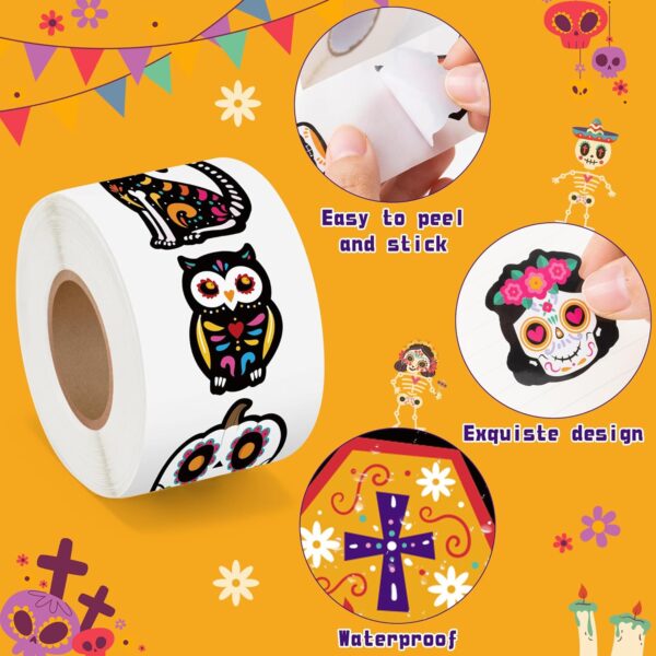 BeYumi Sugar Skull Roll Stickers - 1000Pcs Day of The Dead Stickers in 2 Rolls Dia de Los Muertos Sugar Skull Decals for Kids Halloween Mexican Festival Party Supplies Classroom Guitar Bottle Decor - Image 3