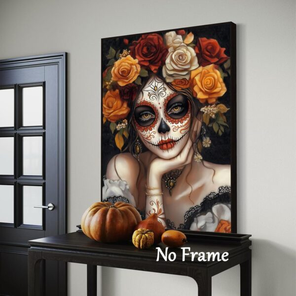 Sugar Skull Girl Wall Art Halloween Themed Prints Ghost Portrait Canvas Dark Academia Painting Mexican Skeleton Poster Witch Halloween Pictures Dark Moody Artwork Sugar Skull Wall Art 16x24in No Frame - Image 2