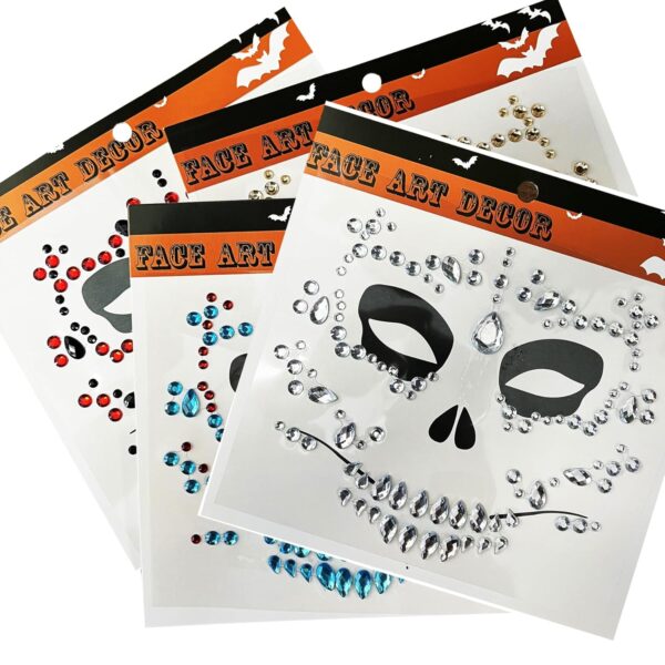 4-Pack Day Of The Death Face Gems,Halloween Temporary Face Tattoos, Rhinestone Face Jewels Stickers - Image 4