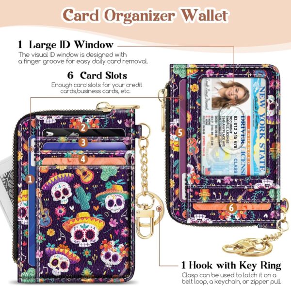 GIANCOMICS Slim Wallet Credit Card Holder Women, Sugar Skull Rfid Blocking Small Card Case, Keychain Thin Pocket Curved Zipper Wallet, Travel Card Holder PU Leather ID Window, Ladies Female Gifts - Image 4