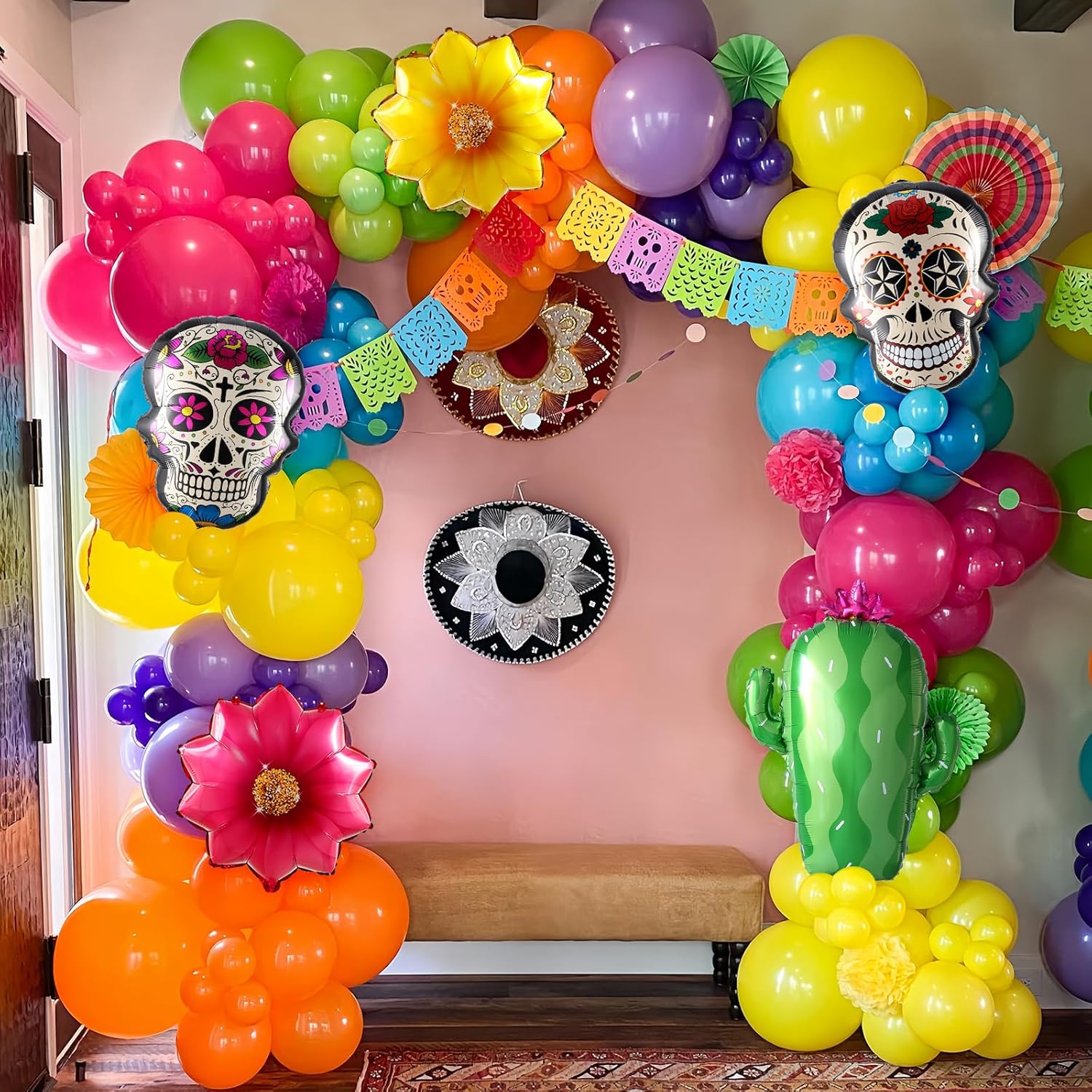 Dia de Muertos Balloon Arch Kit,160PCS Mixed Colorful Day of the Dead Balloon Garland with Cactus Flowers Sugar Skull Foil Balloons for Halloween 5 de Mayo Mexican Fiesta Party Altar Decorations - Image 7