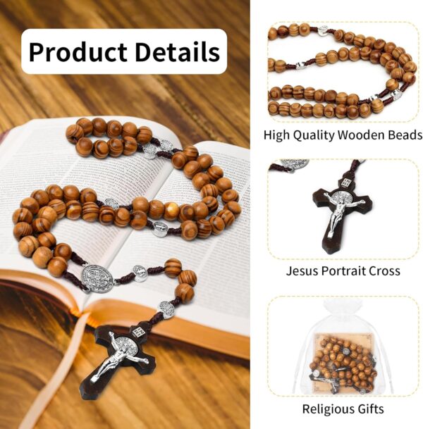 Wooden Rosary Necklace, Handmade Rosary Beads Necklace, Prayer Holy Soil Medal and Metal Cross For Catholic Or Christian Gift, Pouch Baptism Favors Gift - Image 3