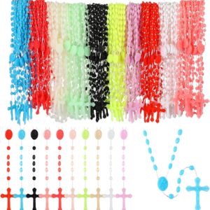 Meooeck 100 Pack Cross Necklaces Bulk Rosary Beads for Church Welcome Gifts Present Plastic Cross Rosary Necklace Prayer Crossed Beads for Religious Homeless Gift Party Favor, 13 Inch