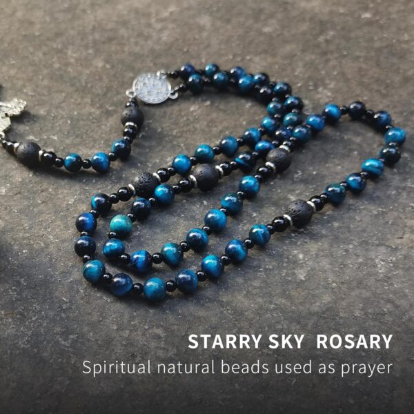 rosary beads catholic for men,Rosary Necklace for men with medal & cross,Handmade Blue Tiger Eye Beads Our Lady of Grace Rosary Cross Necklace Catholic Gifts - Image 3