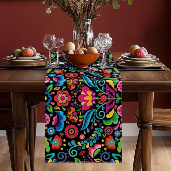Mexican Table Runner Fiesta Dia De Los Muertos Decorations and Cinco De Mayo Mexico Rustic Linen Dining Room Kitchen Home Decor(13" x 108") - Image 2