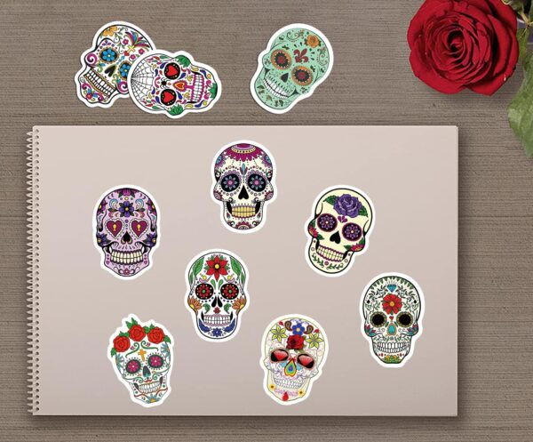 50pcs Halloween Sugar Skull Stickers, Dia de Los Muertos Mexican Day of Dead Stickers Decals, Candy Skull Stickers for Laptop Water Bottle Luggage Bike Computer - Image 6