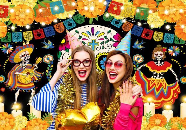 InMemory Day of The Dead Backdrop Mexican Fiesta Sugar Skull Marigold Paper Cutting Dia de Los Muertos Carnival Dress-Up Party Decoration Banner Cake Table Photo Booth Photography Background 7x5ft - Image 3