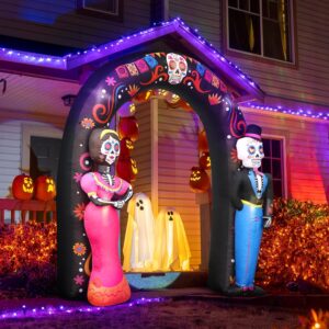 Kitticcino Day of the Dead Inflatable 8 FT Halloween Inflatables Sugar Skull Couple Archway Built-In LED Lights Blow Up Dia de Los Muertos Decorations Lighted Outdoor Home Lawn Yard Garden Party Decor