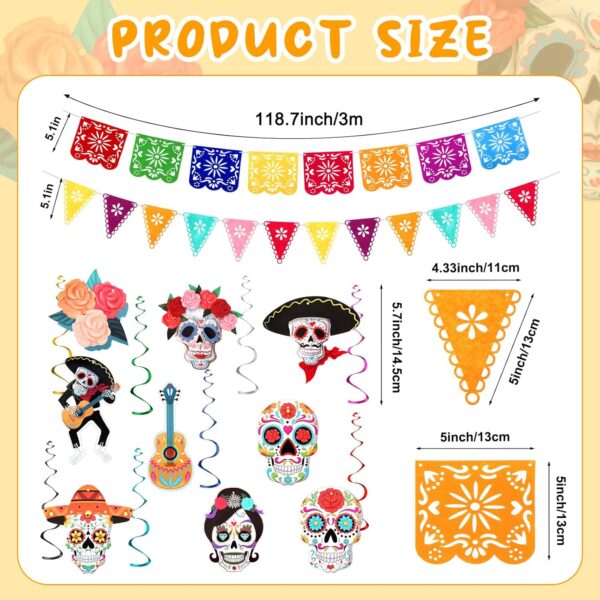 30 Pcs Day of the Dead Decorations Set Altar De Ofrendas Marigold Garland Mexican Banners Serape Tablecloth Skull Hanging Swirl Monarch Butterfly for Dia De Los Muertos Fiesta Party (Yellow) - Image 4