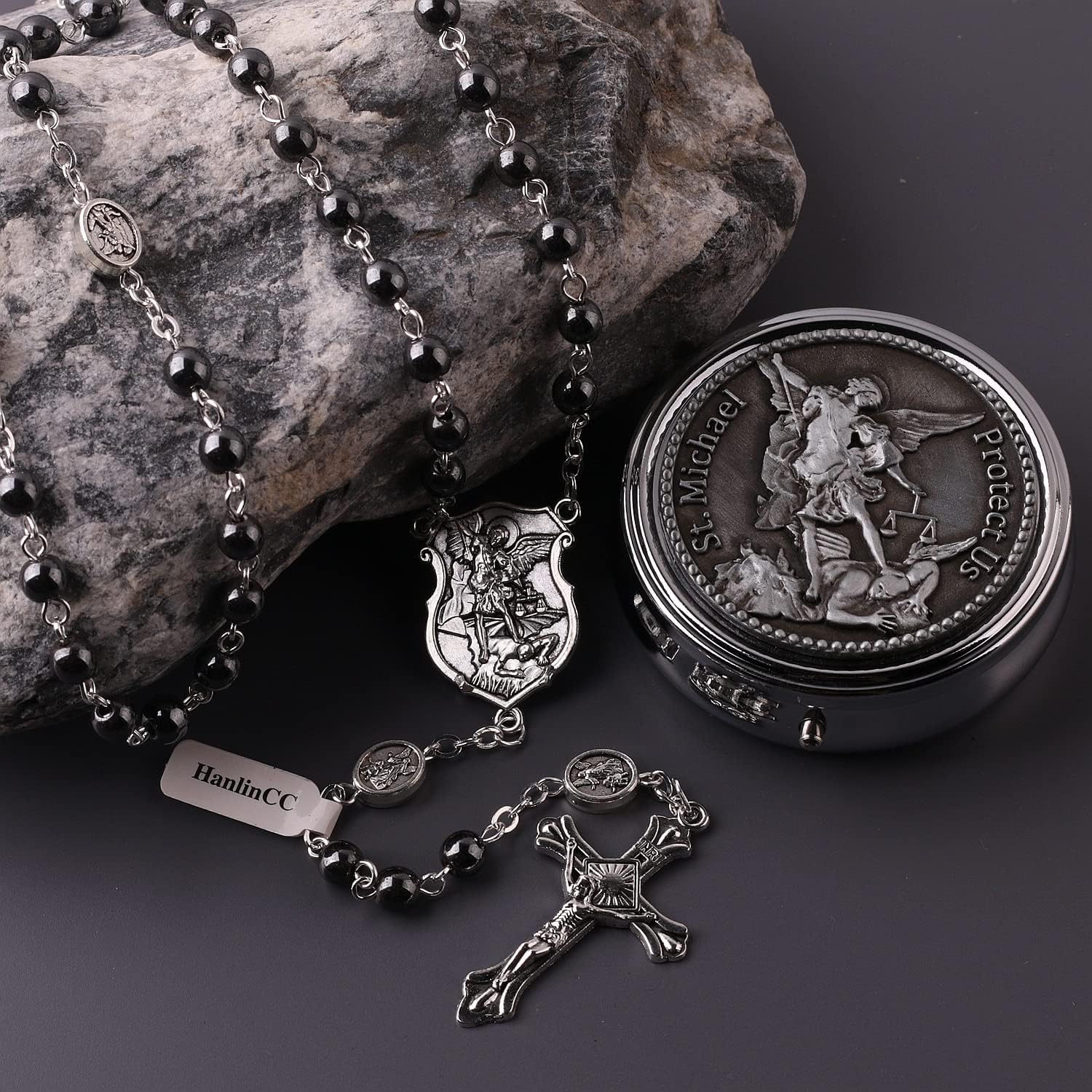 HanlinCC Saint Michael the Archangel Hematite Black Stone Beads Rosary Necklace with Metal Gift Box for Men - Image 6
