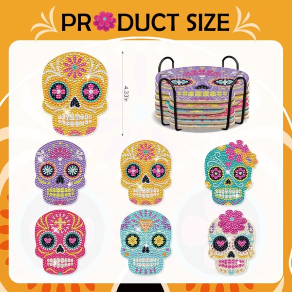 Sugar Skull Diamond Art Coasters - 6 PCS DIY Colorful Diamond Painting Coasters Kits Home Table Decor Art Craft Supplies The Day of Dead Día De Los Muertos Gift for Skull Lovers Mexicans - Image 2