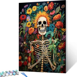 TUMOVO Skull Man Hold Flowers Paint by Numbers for Adults Beginner Graffitic Human Skeleton DIY Paint by Numbers Acrylic Paint Canvas Bedroom Decor Kits Dia de Muertos Artwork 16x20 Inch（DIY Frame ）
