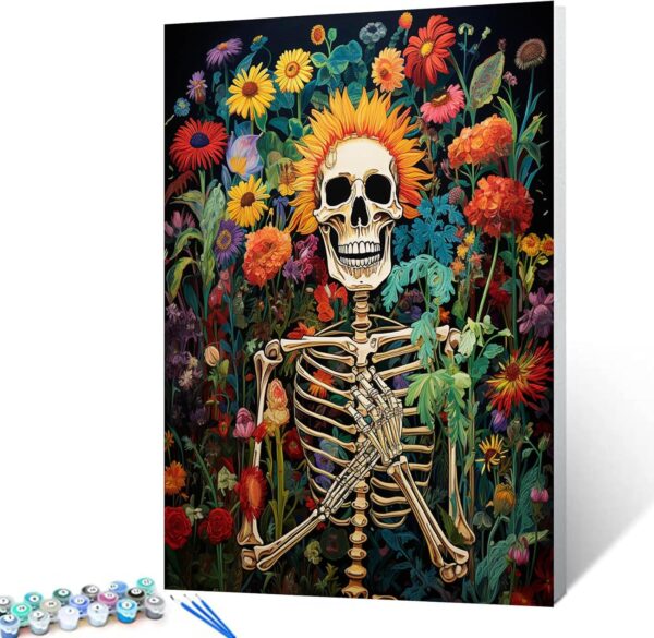 TUMOVO Skull Man Hold Flowers Paint by Numbers for Adults Beginner Graffitic Human Skeleton DIY Paint by Numbers Acrylic Paint Canvas Bedroom Decor Kits Dia de Muertos Artwork 16x20 Inch（DIY Frame ）