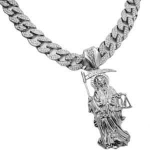Hip Hop White Gold PT Saint Death Santa Muerte Pendant & 16" 18" 20" Iced Cuban Choker Chain Necklace