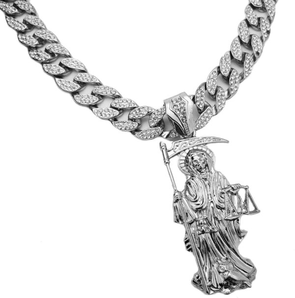 Hip Hop White Gold PT Saint Death Santa Muerte Pendant & 16" 18" 20" Iced Cuban Choker Chain Necklace