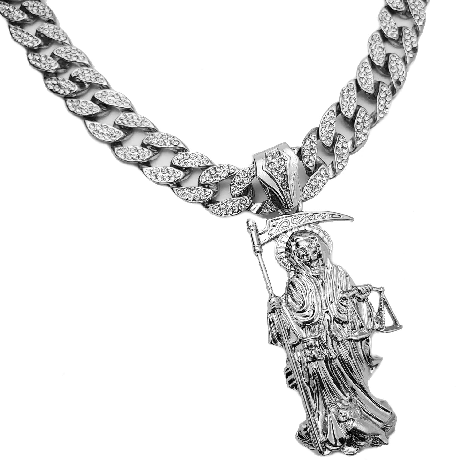 Hip Hop White Gold PT Saint Death Santa Muerte Pendant & 16" 18" 20" Iced Cuban Choker Chain Necklace