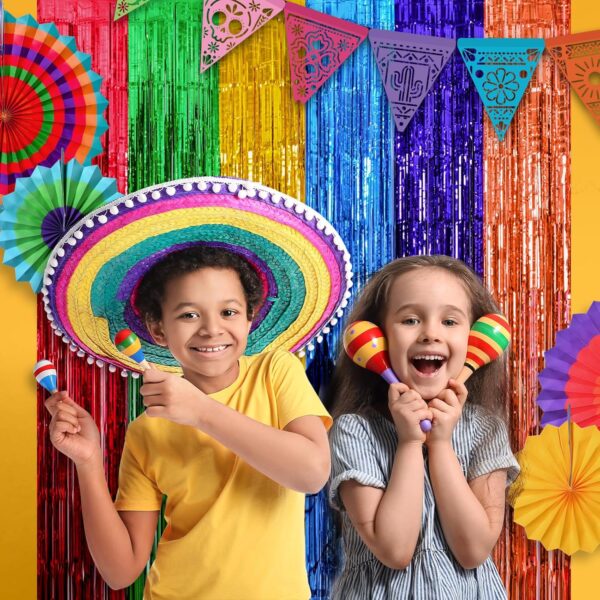 Mega-L Cinco de Mayo Decorations, 2 Pack Fiesta Foil Fringe Curtains Backdrop, 3.3x6.6ft Mexican Themed Tinsel Streamers, Perfect for Spain Taco Party Photo Booth Props, Dia De Los Muertos Decor - Image 2