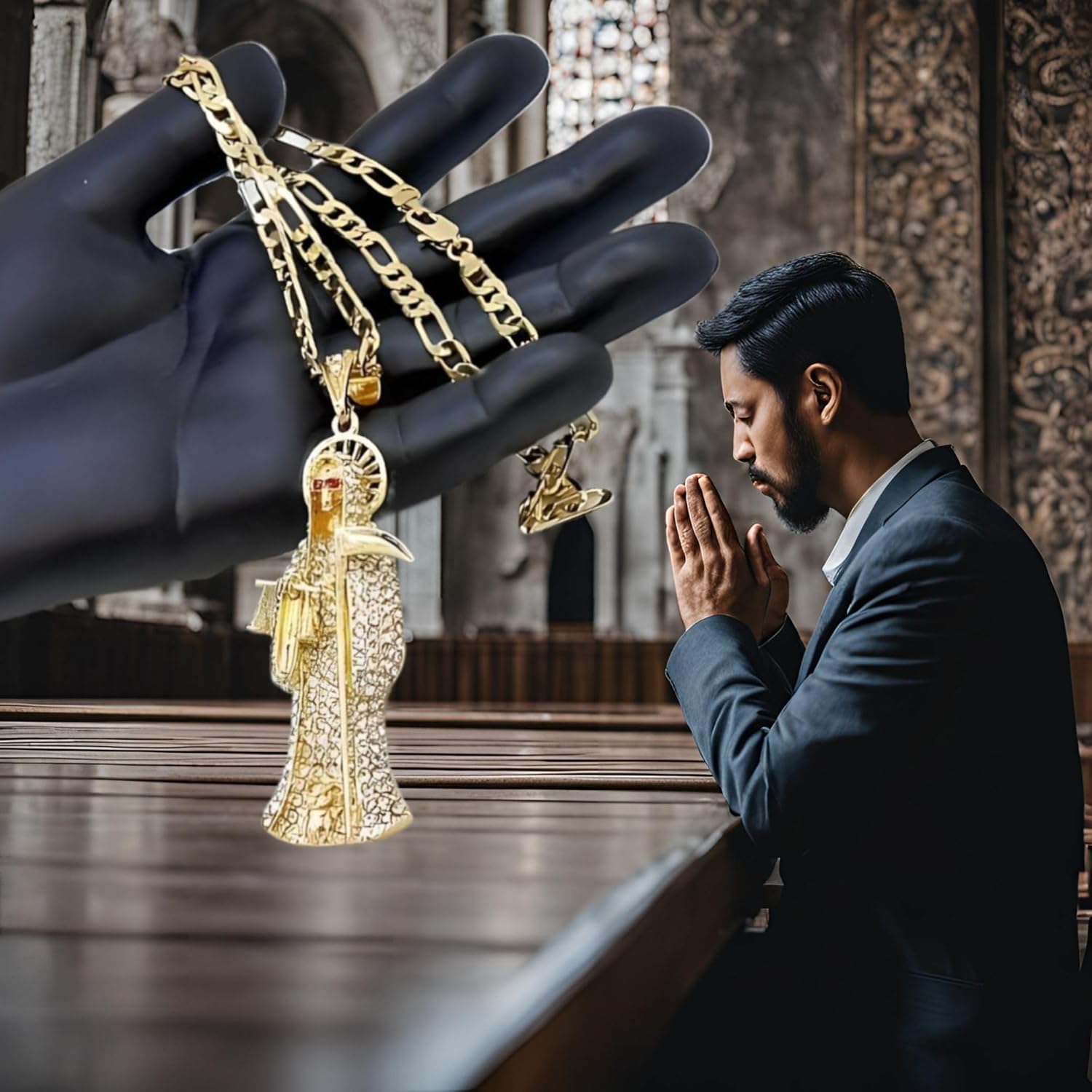 14k Yellow Gold La Santa Muerte Necklace For Women And Men - Holy Death's Pendant Necklace, Santa Muerte Pendant Necklace With Chain, Holy Saint Death Necklace Religious Jewelry For Women Men - Image 7