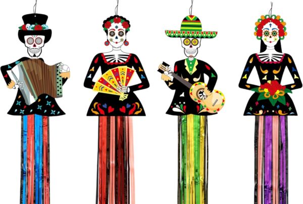 4pcs Large Day of The Dead Decorations, 4.06ft Dia De Los Muertos Hanging Sugar Skull Decor, Ofrenda for Altar, Halloween, Home, Party, Outdoor & Indoor, Office
