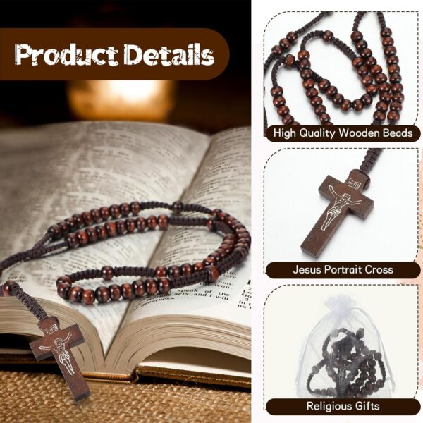 Tenceur 24 Pcs Wooden Rosary Bead Necklace Wood Catholic Carved Beads with Jesus Cross First Communion Rosary Bulk with Organza Bags Baptism Favors Catholic Gift for Men Women - Image 3