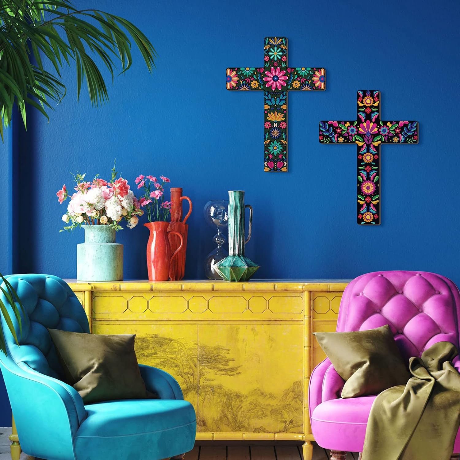 Pinkunn 2 Pcs Floral Cross Wall Decor Mexican Cross Decor Hand Painted Wood Wall Art Mexican Wall Art Spanish Style Crucifix Wall Cross for Home Room Church Decoration (8.7 x 11.8 inches) - Image 3