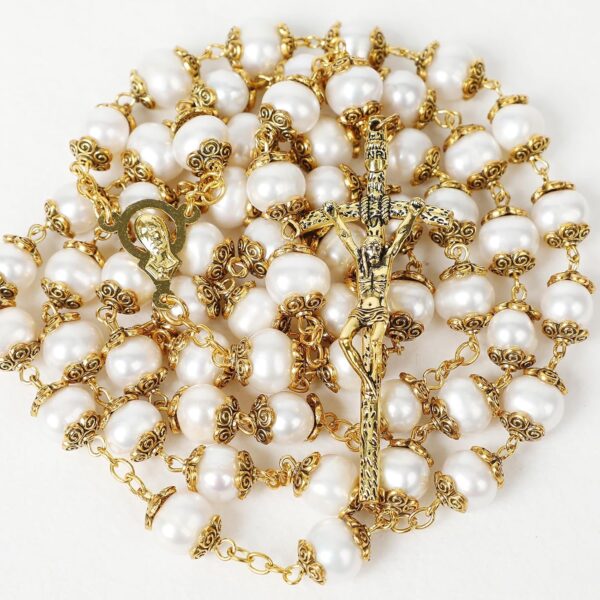 Rosary Beads Catholic for Woman 8-9mm AAA+ Freshwater White Natural Real Pearl Rosary Beads. - Image 2