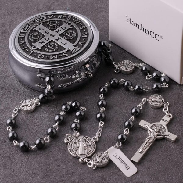 HanlinCC 6mm Hematite Stone Black Beads Catholic Saint Benedict Rosary Necklace for Men and Boy with St.Benedict Center Piece and Crucifix with Metal Gift Box - Image 3