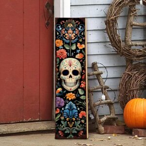 Halloween Front Porch Sign Day of the Dead Wooden Sign Dia De Los Muertos Mexico Skull Welcome Sign, Fall Porch Sign for Front Door Decorations, Lawn Decor Garden Hanging Signs Wall Sign 31.5"H