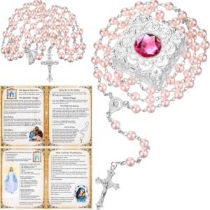 Quelay Rosary Beads Catholic for Women Pearl Rosary Catholic Necklace with Pray Card First Communion Gifts