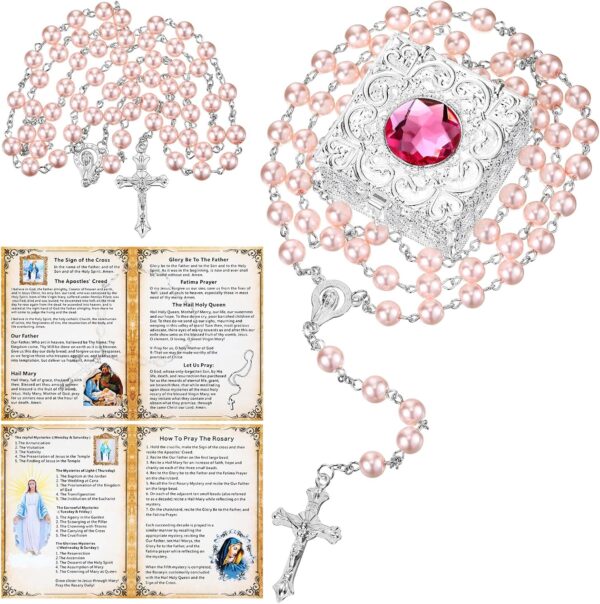 Quelay Rosary Beads Catholic for Women Pearl Rosary Catholic Necklace with Pray Card First Communion Gifts