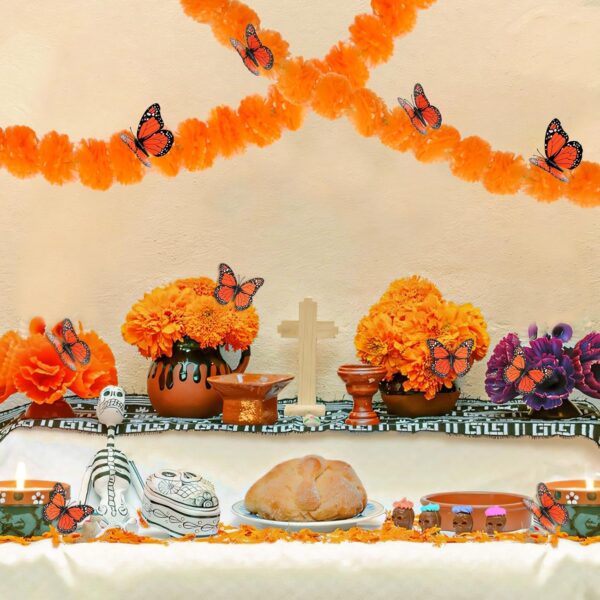 83pcs Dia De Los Muertos Decorations Ofrenda Kit - Day of the Dead Altar Decor Set,2 Marigold Garland 30 Marigold Flowers & Stems,Table Runner,12 Monarch Butterfly 6 Candle (table runner-Skull) - Image 7
