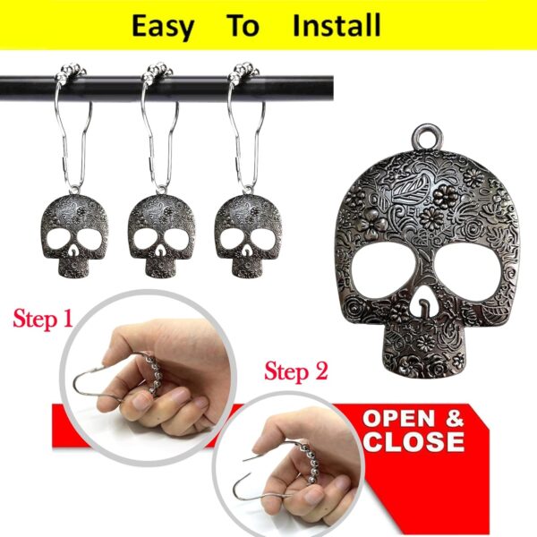 Set of 12 Sugar Skull Shower Curtain Hooks Decorative Home Bathroom Stainless Steel Rustproof Skeletons Shower Curtain Rings Decor Accessories (Black) - Image 5