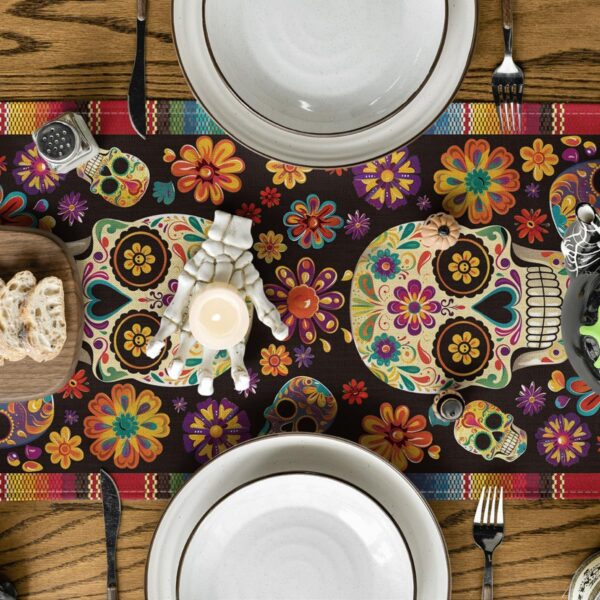 Artoid Mode Flowers Sugar Skull Mexican Day of The Dead Table Runner, Dia De Los Muertos Kitchen Dining Table Decoration for Home Party Decor 13x72 Inch - Image 3