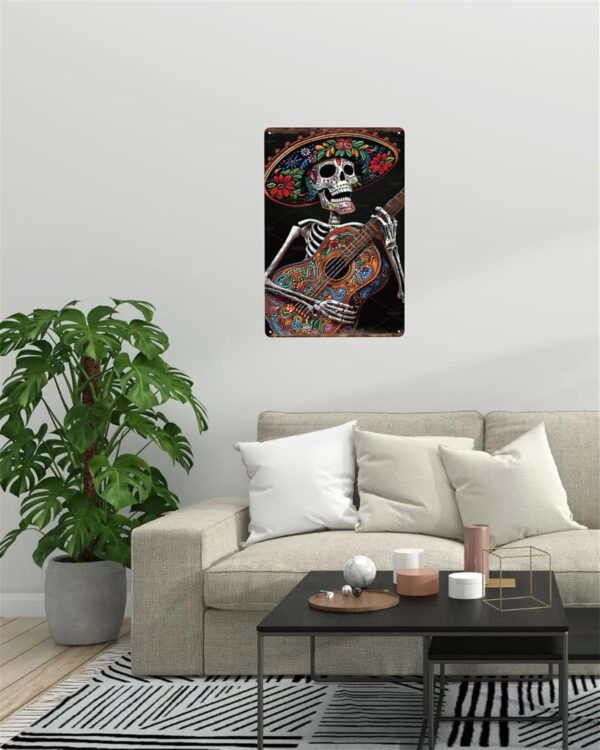 Mexican Skeleton Playing Guitar Signs Mexico Day Of The Dead Skull Wall Tin Sign Vintage Mexico Poster Day Of The Dead Decor Wall Decor Pub Plaque For Home Bedroom Living Room 12x8 Inch - Image 5