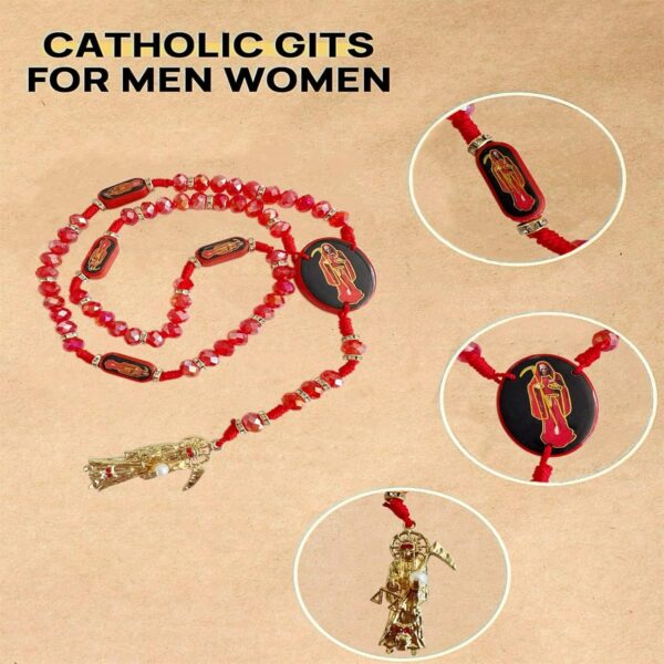 BONITTER Black Holy Death's Necklace Wooden Santa Muerte Necklace Red Rosaries Beads Blessing Crafted Rosario de la santa muerte Prayer Gift For Women Men - Image 4