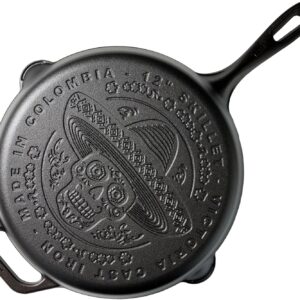 Victoria 12-Inch Day of the Dead La Calaca Cast Iron Skillet, Dia de los Muertos Seasoned Cast Iron Frying Pan with Long Handle, Made in Colombia