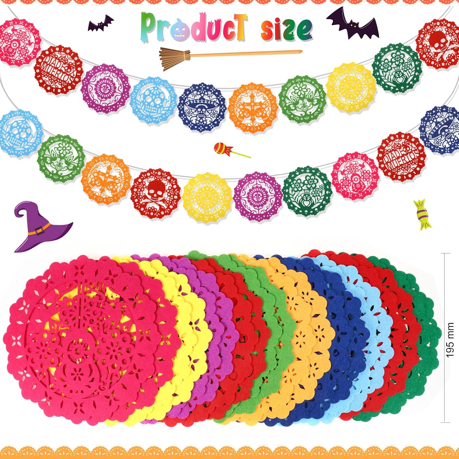 HOWAF 3 Pack Day of The Dead Felt Decorations, Dia De Los Muertos Papel Picado Hanging Mexican Skull Felt Bunting Banner for Fiesta Day of The Dead Garland - Image 3