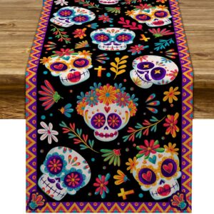 Pudodo Day of The Dead Table Runner Sugar Skull Dia De Los Muertos Mexican Festival Holiday Kitchen Dining Room Home Decoration (13" x 72")