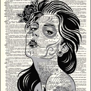 Dictionary Art Print - Day of the Dead Sugar Skull Girl Large - Printed on Recycled Vintage Dictionary Paper - 8"x11" - Mixed Media Poster on Vintage Dictionary Page