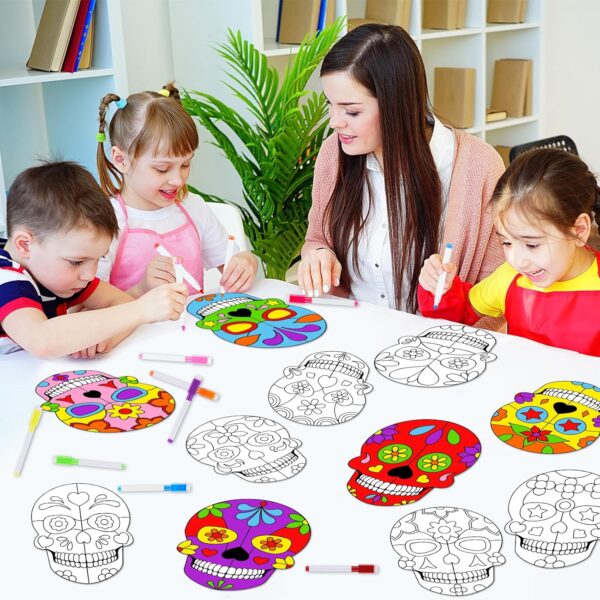 Qyeahkj 30 Set Day of The Dead Arts Crafts for Kids Skull Suncatchers Craft Kit Dia De Los Muertos DIY Coloring Craft Window Cling Sticker with Markers Party Gift for Home Classroom Decor for Kids - Image 5