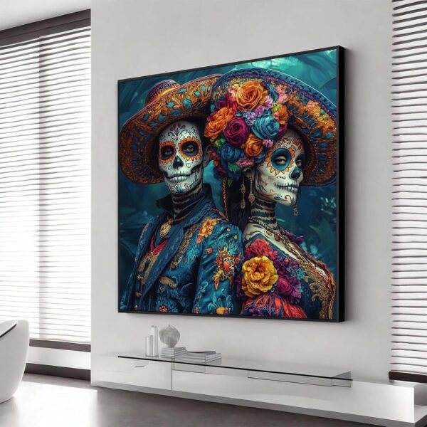 Canvas Wall Art-Day of The Dead Couple, Day of the Dead Canvas Print, Skeleton Couple Canvas Wall Art, Mexican Dia De Los Muertos, Day of the Dead Couple Poster Prints, Home Wall Decor (Gold Framed, 36"x36"|91x91cm) - Image 3