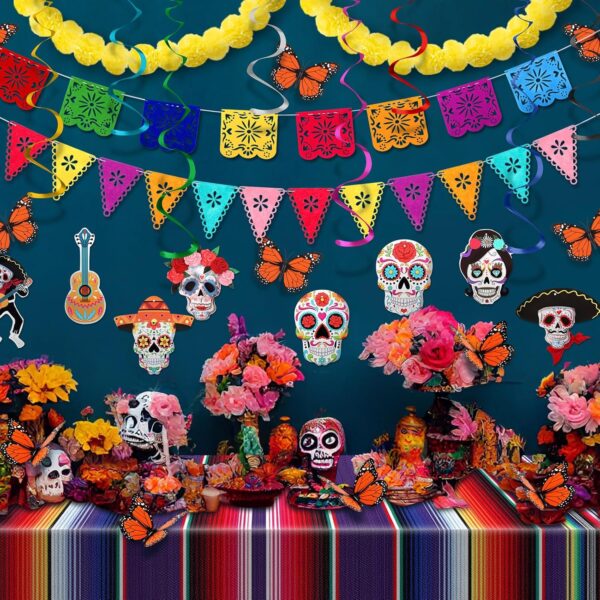 30 Pcs Day of the Dead Decorations Set Altar De Ofrendas Marigold Garland Mexican Banners Serape Tablecloth Skull Hanging Swirl Monarch Butterfly for Dia De Los Muertos Fiesta Party (Yellow) - Image 5